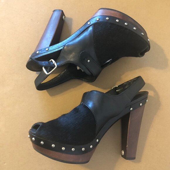 UGG Heels Women's Size 8.5 Black Leather Studded CALF HAIR Nicco Shoes Peep Toe - Picture 10 of 11